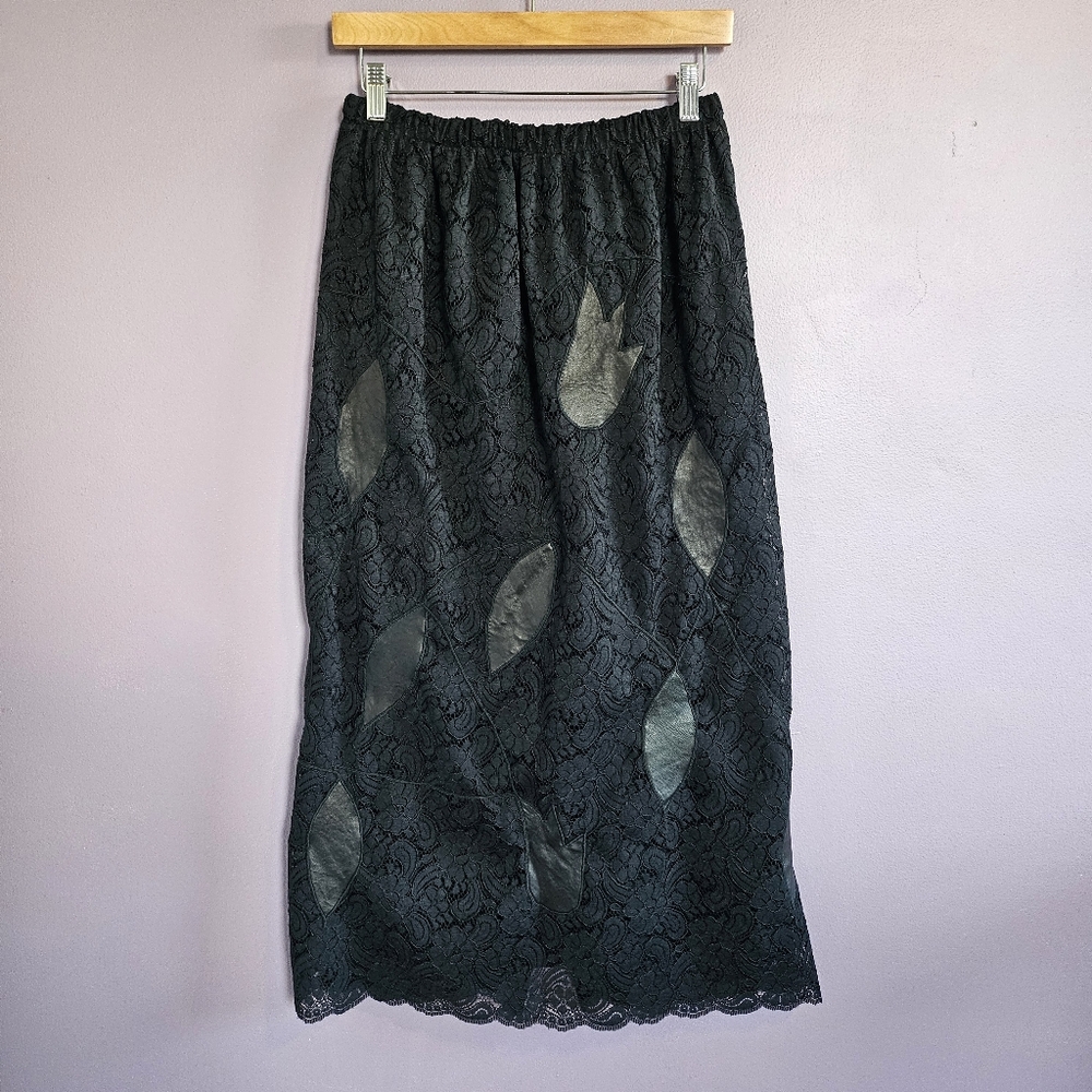 Stillman Studio Vintage Whimsigoth Black Floral Lace Faux Leather Patch Skirt